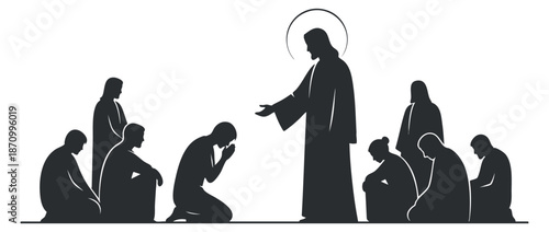 A silhouette illustration depicting Jesus Christ reaching out to a group of people in prayer and worship, in minimalist vector style, suitable for religious themes and spiritual projects