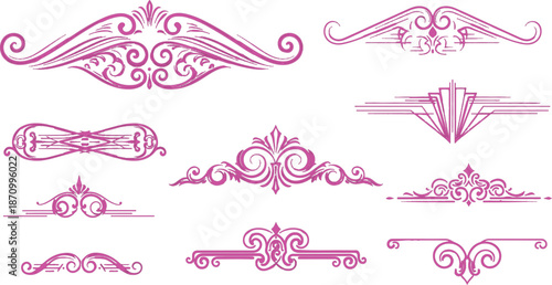 The image features a collection of nine pink ornate design elements, arranged in three rows