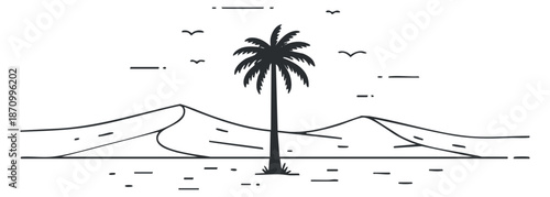 A minimalist outline illustration of a palm tree in a desert landscape with sand dunes and birds, suitable for travel and nature themes