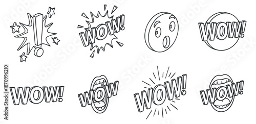A collection of 'WOW!' illustrations featuring various expressions and designs in black and white outline vector style, suitable for creative projects