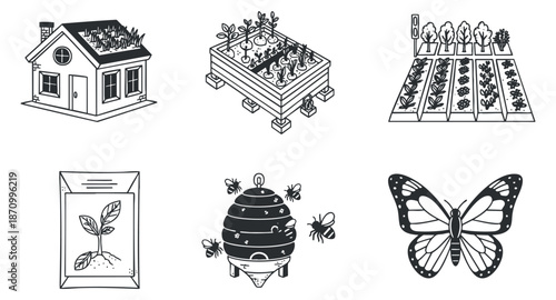 A collection of gardening and nature illustrations including a house, garden beds, plants, a beehive, and a butterfly in linear black and white vector style, perfect for eco-friendly design projects