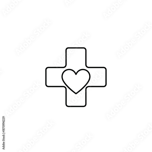 Simple black and white medical cross symbol with heart center on plain background