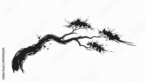 Elegant bonsai tree branch with dynamic black ink splashes
