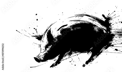 Chinese new year pig zodiac brush painting with dynamic ink strokes on white background