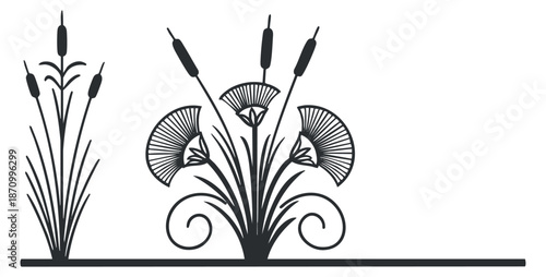 A collection of stylized floral designs featuring cattails and decorative leaves in black silhouette vector style, ideal for nature-themed projects