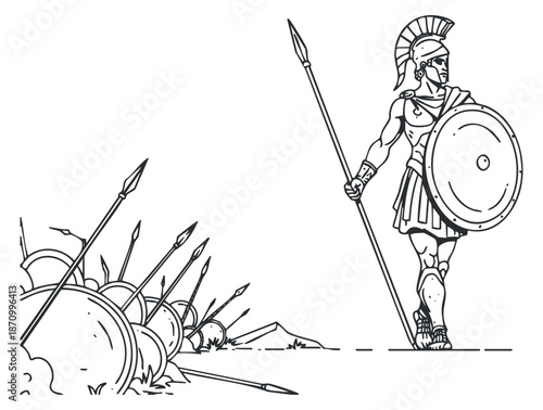 A Spartan warrior standing confidently with a spear and shield in minimalist outline vector style, ideal for historical illustrations and designs