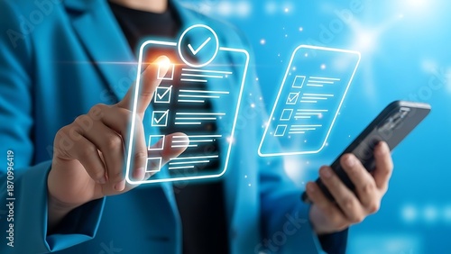 Businessperson interacting with futuristic checklist on smartphone