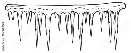 A detailed illustration of a hanging icicle in black and white outline style, perfect for winter-themed designs
