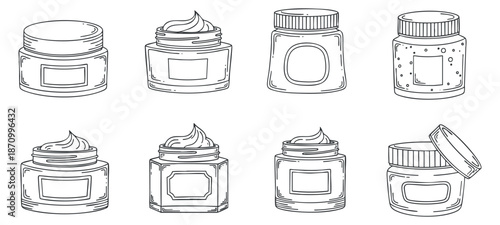 A set of skincare jars including cream, gel, and lotion in outline vector style, perfect for beauty product branding and packaging
