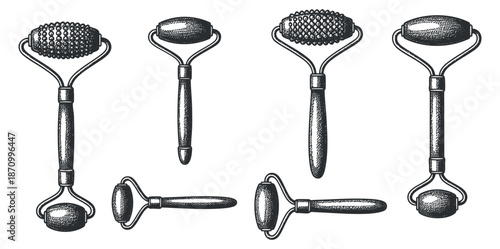 A collection of various facial rollers in vintage style, including different textures and shapes, ideal for beauty and skincare branding