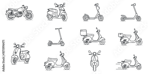 A collection of various scooters and motorbikes in minimalist line art vector style, suitable for urban mobility and transport themes