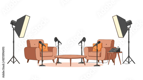 Professional podcast recording studio setup featuring two elegant brown armchairs, multiple microphones, a stylish wooden coffee table, and large softbox studio lights, ready for broadcast.