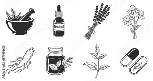 A collection of herbal elements including a mortar and pestle, tincture bottle, lavender, and capsules in black and white vector style, suitable for wellness and health projects