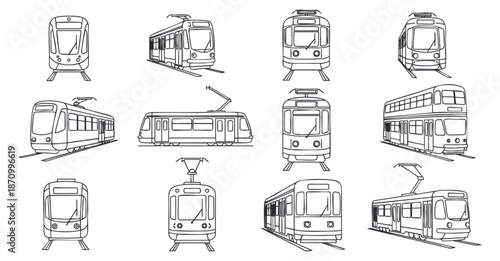 A collection of various train and tram designs in black and white outline vector style, suitable for transportation and urban design projects