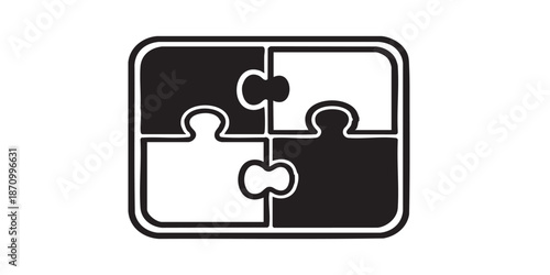 Puzzle vector icon, jigsaw puzzle with four pieces, problem solving and teamwork symbol, black outline and filled style, isolated on transparent background, minimalist vector design for UI, web, and p