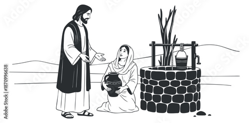 A scene depicting Jesus speaking to a woman at a well in black and white minimalist vector style, ideal for religious illustrations