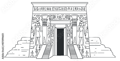 An outline illustration of an ancient Egyptian temple with hieroglyphs and statues in black and white vector style, suitable for educational projects