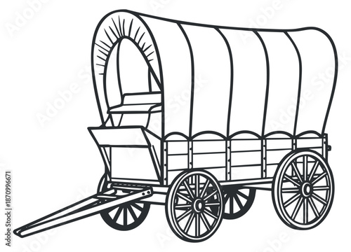 A vintage covered wagon with wooden wheels in black and white line art style, ideal for historical illustrations and educational materials