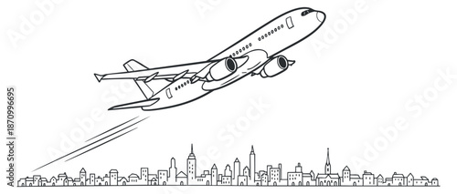 An airplane taking off over a city skyline in black and white outline vector style, ideal for travel and aviation themes