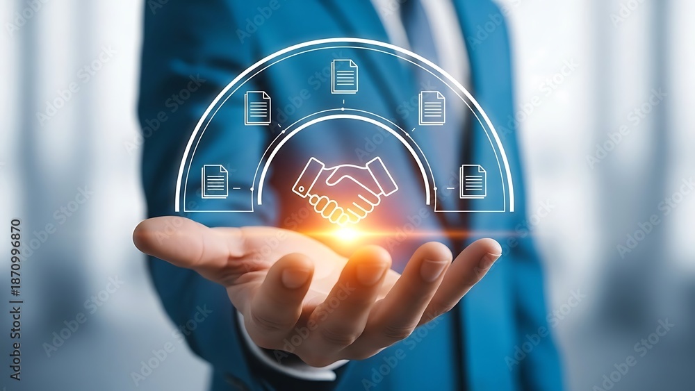 Fototapeta premium Businessman presenting partnership agreement with glowing handshake