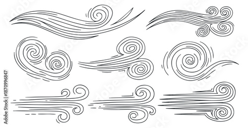 A collection of decorative wind swirls and curves in minimalist black and white vector style, ideal for creative designs and illustrations