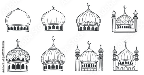 A collection of various mosque domes and minarets in black and white outline vector style, suitable for architectural design and religious themes