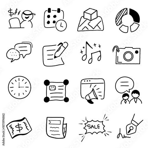 Office life and communication doodle icons set