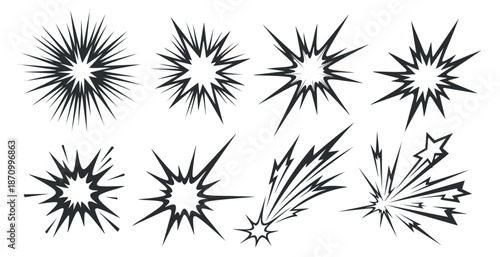 A collection of abstract explosion and burst icons in black and white vector style, ideal for graphic design and creative projects