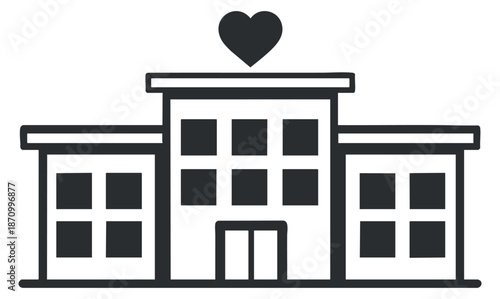 A healthcare building with a heart symbol in modern outline vector style, ideal for medical or wellness-related designs