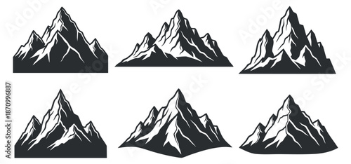 A set of stylized mountain illustrations in black and white vector style, ideal for outdoor adventure branding and design