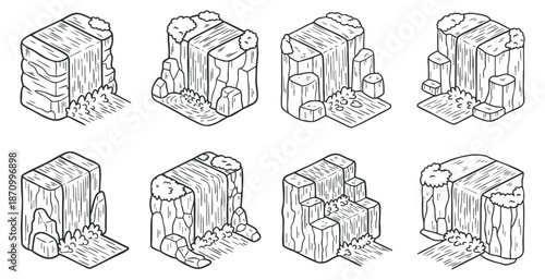 A set of six hand-drawn waterfall and rock formations in black and white outline vector style, ideal for nature-themed designs