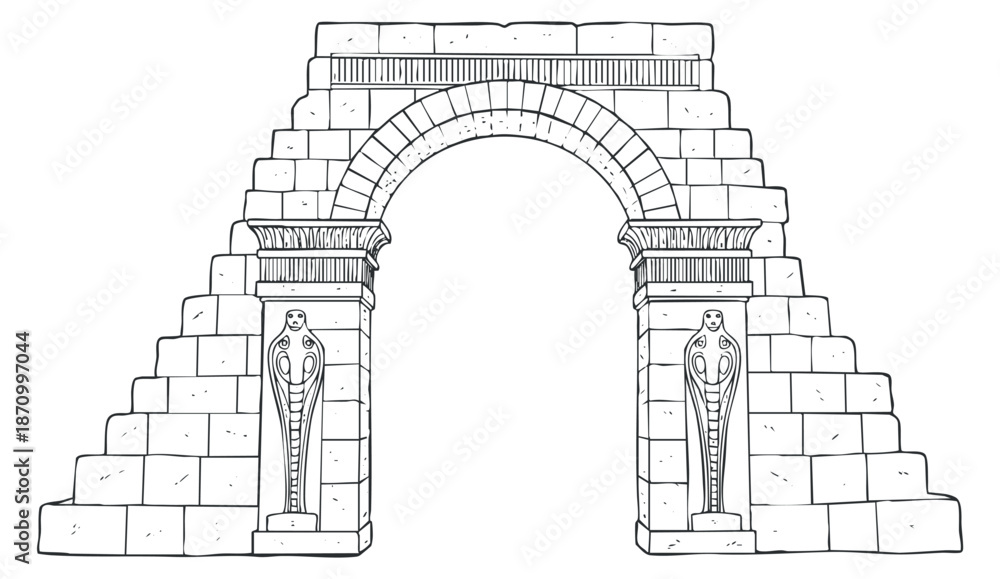 Fototapeta premium An ancient stone archway with Egyptian statues in outline vector style, ideal for history-themed designs and educational materials