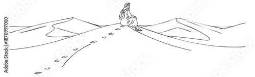 A minimalist outline illustration of a woman sitting in a desert landscape with footprints in the sand, ideal for relaxation and meditation themes