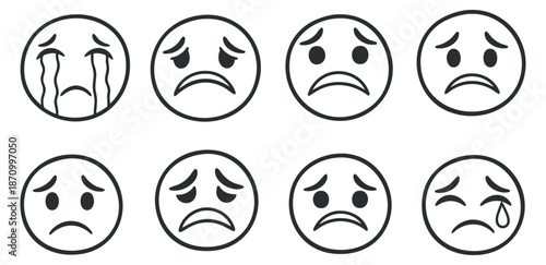 A set of sad and crying emoticons in black and white minimalist vector style, ideal for digital communication and social media