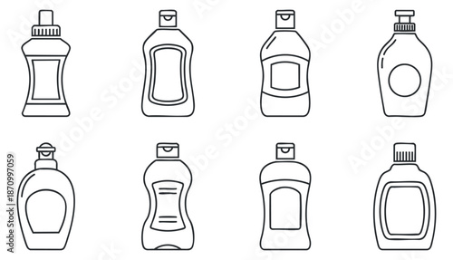 A set of eight cleaning product bottles in minimalist black and white outline vector style, perfect for household and cleaning design projects