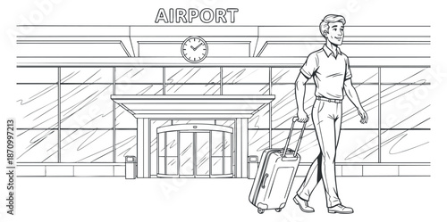 A traveler walking with a suitcase in an outline vector style at an airport terminal, suitable for travel-related graphics and designs