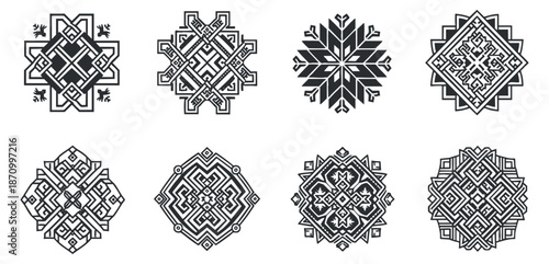 A collection of eight intricate geometric patterns in black and white vector style, perfect for textile design and branding