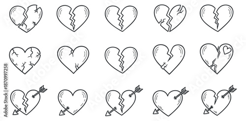 A collection of broken heart illustrations with arrows in outline vector style, suitable for romantic and emotional design projects