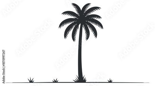 A silhouette of a tall palm tree with feathery fronds in a minimalist vector style, ideal for tropical-themed designs