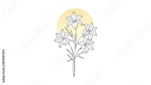 Elegant floral line art with soft yellow moonlight background