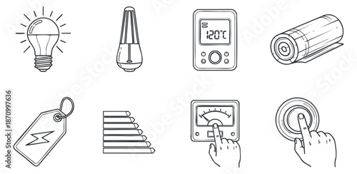 A collection of energy-related icons including a light bulb, meter, battery, and measuring devices in minimalist outline vector style, suitable for technology and energy efficiency projects