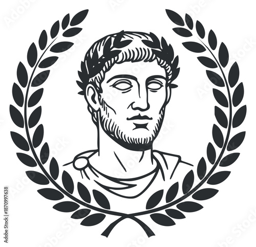 A classical Roman emperor bust surrounded by a laurel wreath in black and white outline vector style, perfect for historical themes and designs