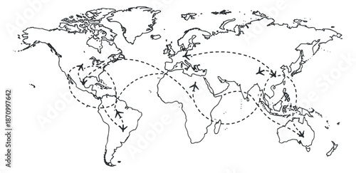 A world map with dotted lines representing global connections in a minimalist black and white vector style, suitable for travel and business presentations