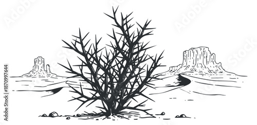 A desert landscape featuring a bush with rock formations in black and white minimalist vector style, ideal for nature-themed designs