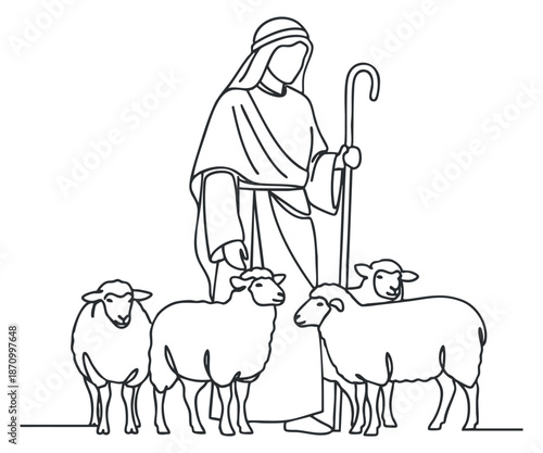 A shepherd with sheep in outline minimalist vector style, ideal for religious and pastoral themes