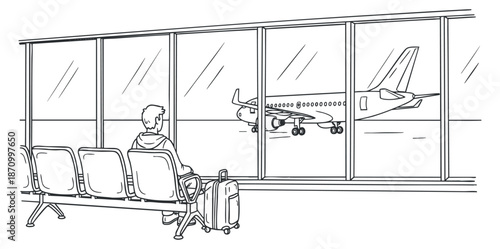 A passenger waiting in an airport terminal with luggage, outlined in minimalist vector style, ideal for travel-themed projects