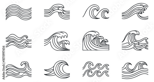 A collection of wave illustrations in minimalist black line style, suitable for ocean-themed designs and branding