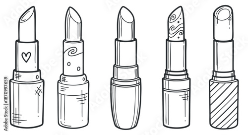 A collection of five different lipstick tubes in outline vector style, ideal for beauty and cosmetic branding