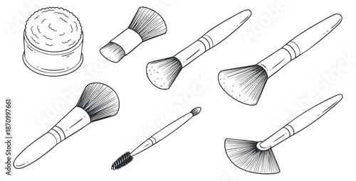 A collection of makeup brushes and a powder compact in black and white outline vector style, suitable for beauty and cosmetics branding