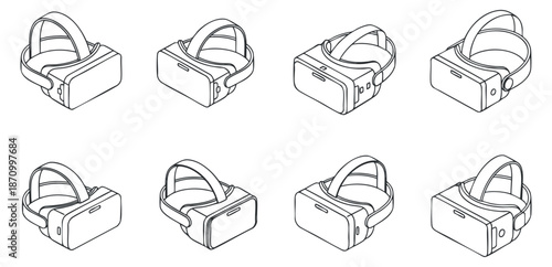 A set of six virtual reality headsets in outline minimalist vector style, suitable for tech and gaming illustrations